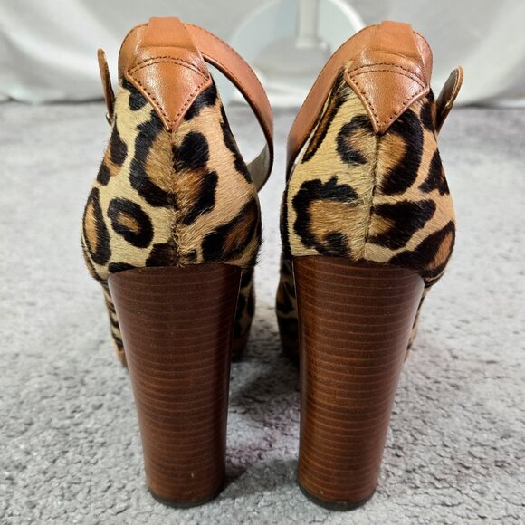 Sam Edelman Lyla Leopard Print Leather Calf Hair Platform Pumps Ankle Strap - Picture 5 of 13